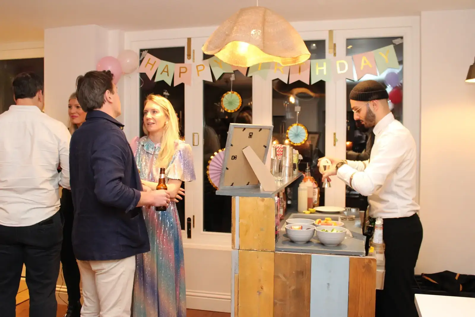 Custom outdoor cocktail service with pastel rustic bar in London gardens