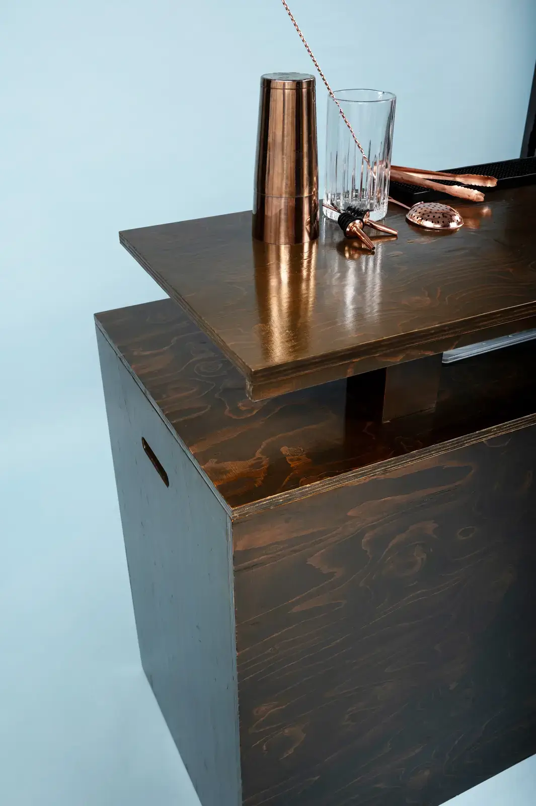 Charming rustic wooden bar with LED lighting for London event hire